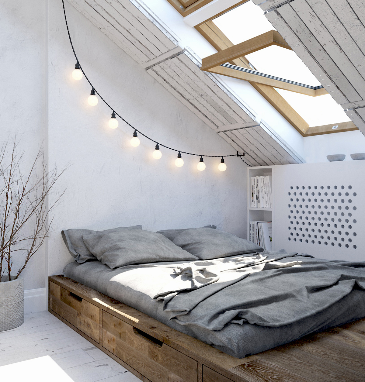 Dreamy mansard bedroom in grey shades